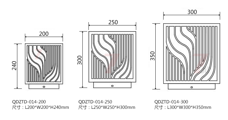 (QDZTD-014)古铜拉丝割花方形矮柱柱头灯200mm、250mm、300mm尺寸示意图