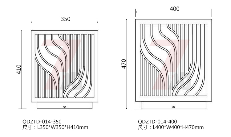 (QDZTD-014)古铜拉丝割花方形矮柱柱头灯350mm、400mm大规格尺寸示意图